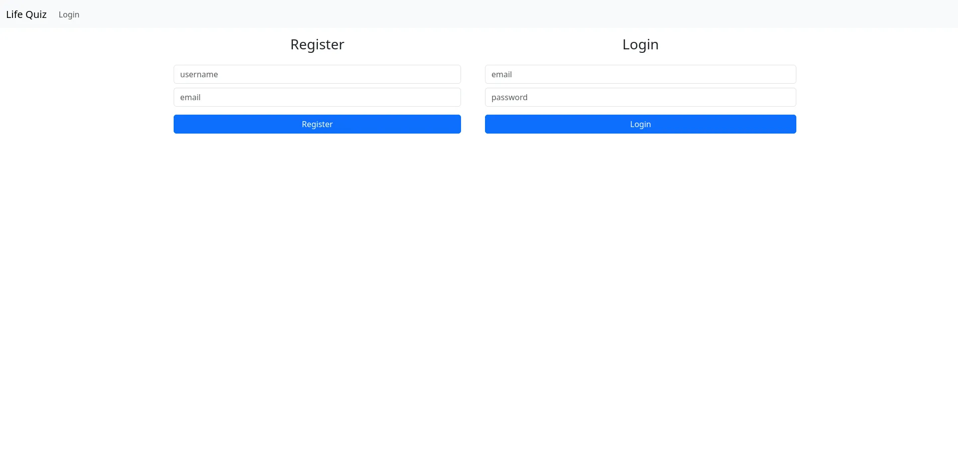 Login and register forms. Register requires username and email, while login requires email and password.