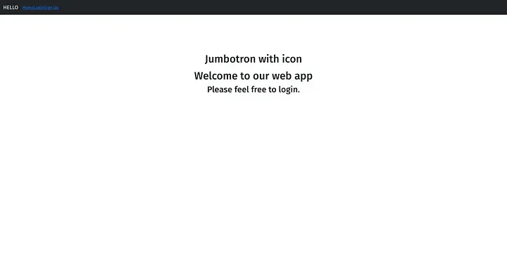 Python index page with the text "Jumbotron with icon. Welcome to our web app. Please feel free to login."