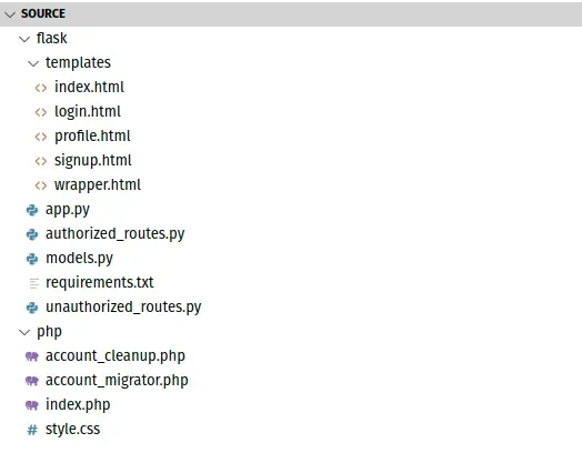 Source files of the challenge consisting of a flask and php application. The main logic is contained in the files index.php and app.py. Besides those there are some html templates for the frontend, dependency files and boilerplate required to keep the challenge online.