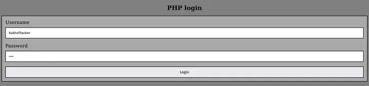 PHP login form. Entered "kukhofhacker" for username and "pwnd" for password.