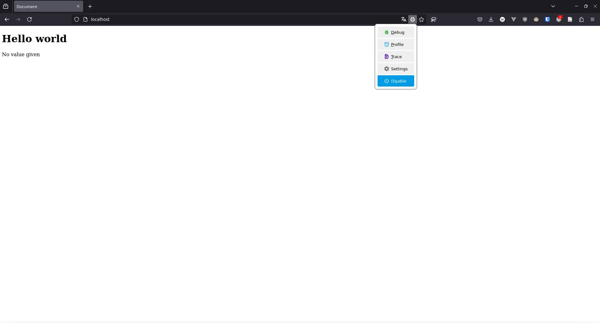 A Firefox tab with Xdebug Helper being activated.