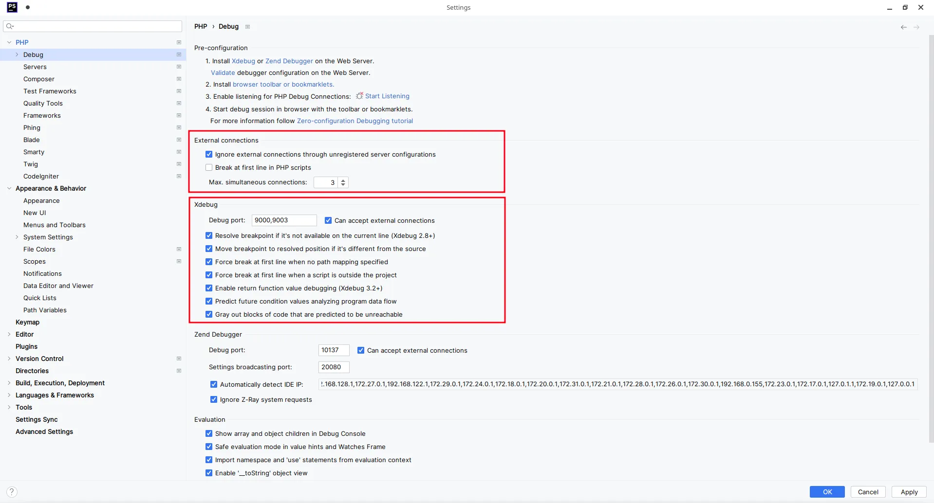 PHPStorm PHP Debugging settings page. The Xdebug ports are configured for port 9000 and 9003.