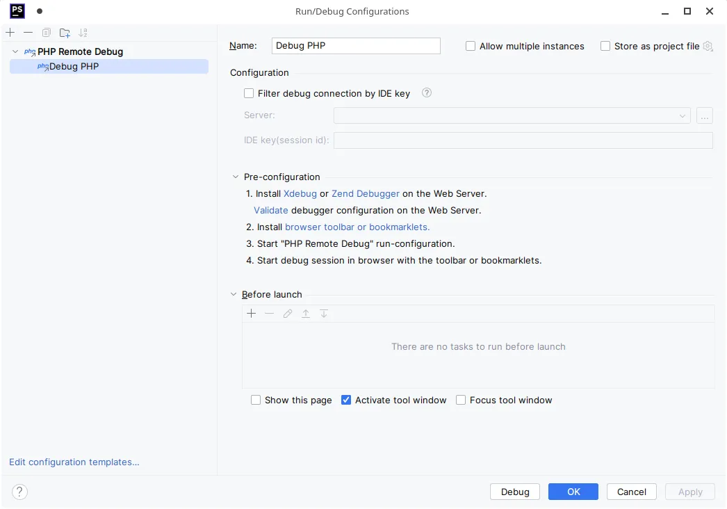 A PHP Remote Debug run configuration with no changes to the default settings.