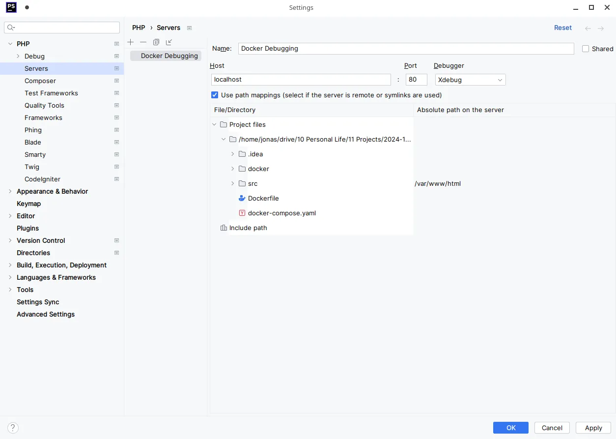 PhpStorm servers configuration. A path mapping of src to /var/www/html is defined.